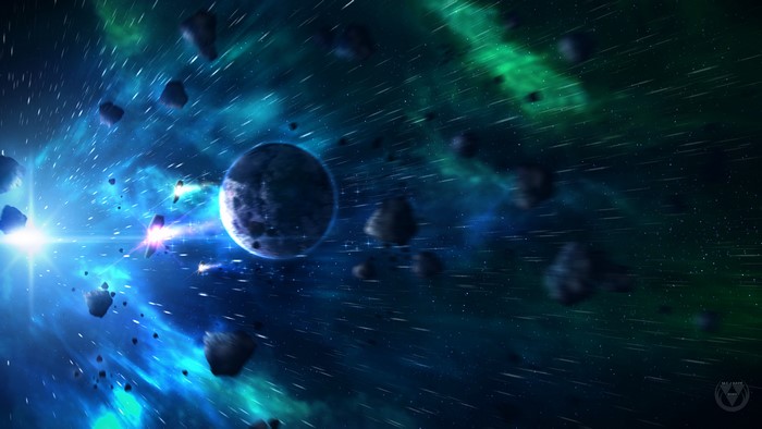Digital art of a planet and asteroids in space