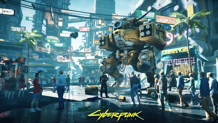 Cyberpunk 2077 mech and people in a city