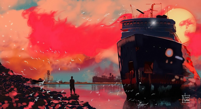 Man watching a large ship and birds at sunset
