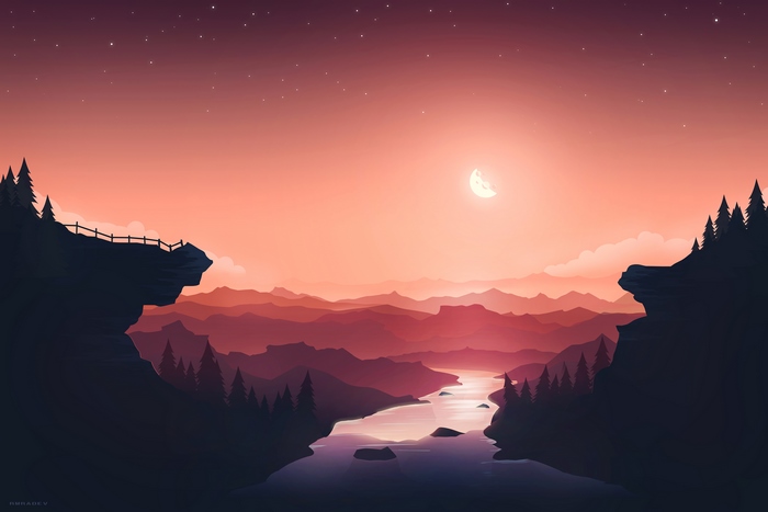 Minimalist landscape with mountains, river, and moon