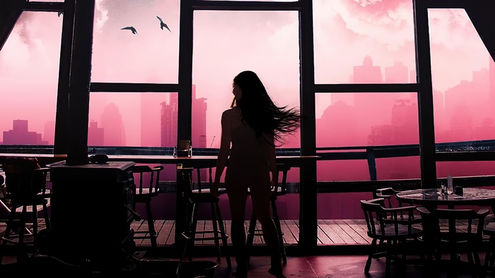 Digital art of a woman looking out a window at a pink city