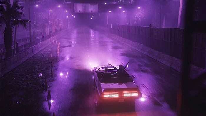 Couple in convertible driving on a neon-lit road