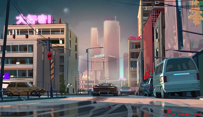 Cyberpunk City Street with Cars and Neon Signs