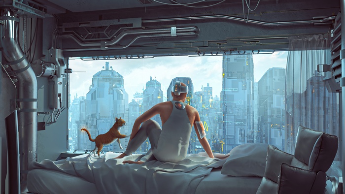 Sci-fi scene with a person and a cat in a futuristic city