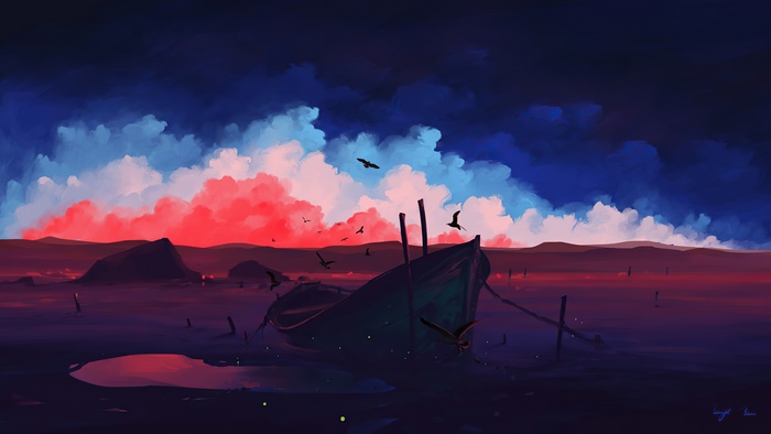 Boat on a desolate shore with dramatic clouds