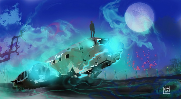 Artwork of a person standing on a crashed plane