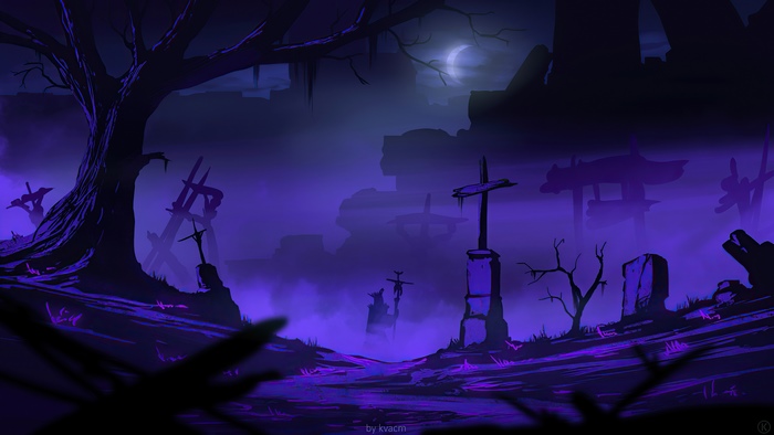 Dark Cemetery with Moon and Fog