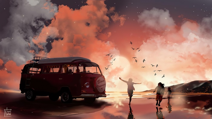 Digital art of a van and people at sunset