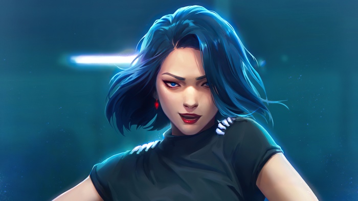 Artwork of a woman with blue hair