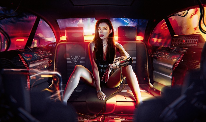 Cyborg woman in a futuristic car