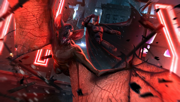Batman fighting a monstrous bat creature in a neon city