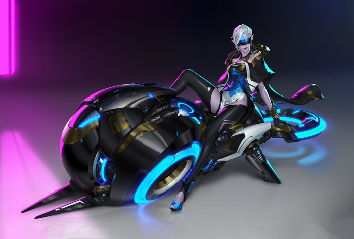 Artwork of a woman on a futuristic motorcycle