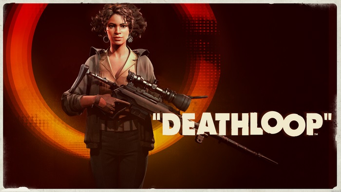 Deathloop game cover with woman holding a rifle