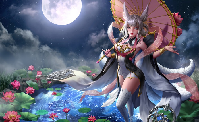 Anime girl with fox ears holding an umbrella