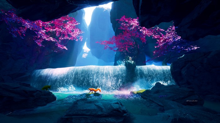Fox and person by waterfall with pink trees