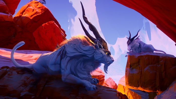 Two mythical beasts in a rocky, alien landscape