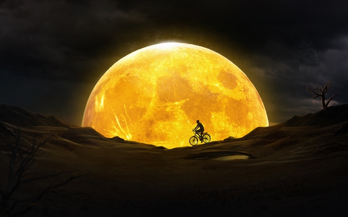 Silhouette of a person on a bicycle against a giant moon