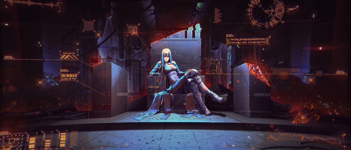 Cyberpunk woman sitting on a throne with holographic displays