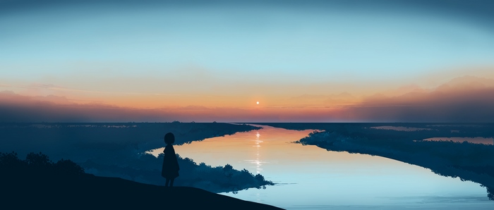 Anime girl watching sunset over river