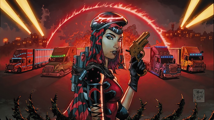 Woman with gun and trucks under red sky