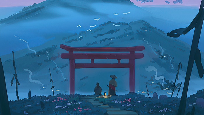 Two figures by a Torii gate in Ghost of Tsushima