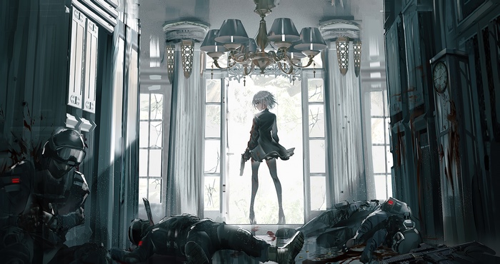 Anime girl with gun in a ruined mansion