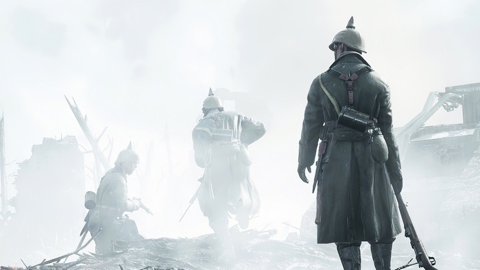 Soldiers in a foggy battlefield