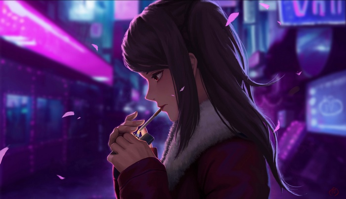Woman lighting cigarette in neon city