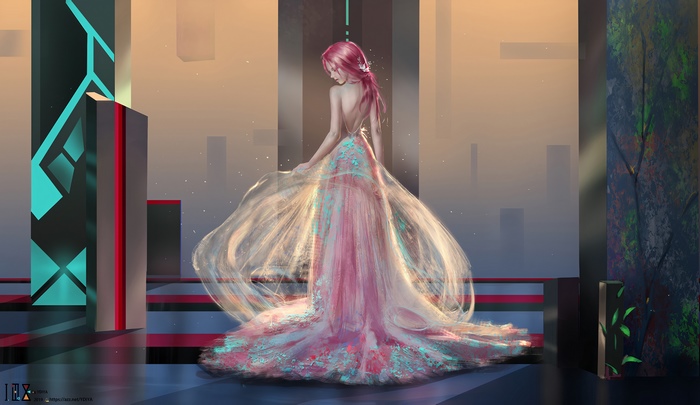 Woman in a flowing pink dress in a futuristic city