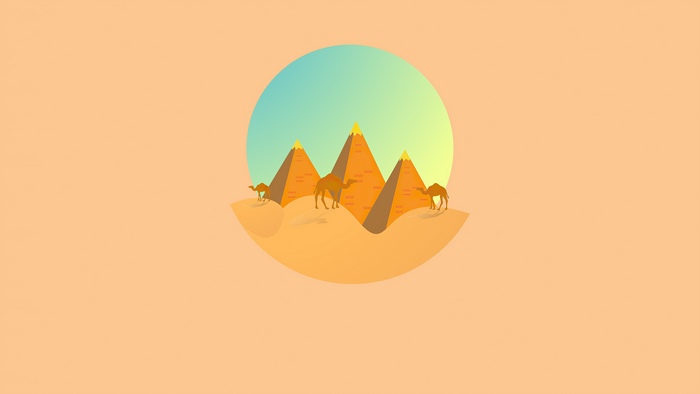Minimalist desert scene with pyramids and camels