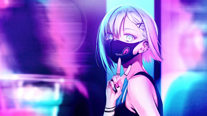 Anime girl with mask in neon lights