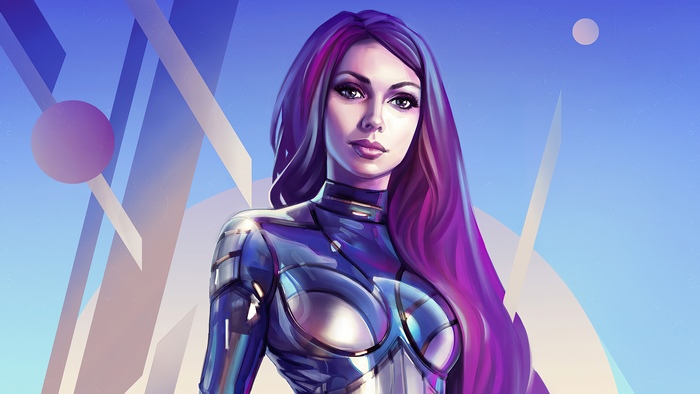Woman with purple hair in futuristic suit