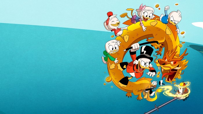 DuckTales: Scrooge McDuck and nephews on a dragon