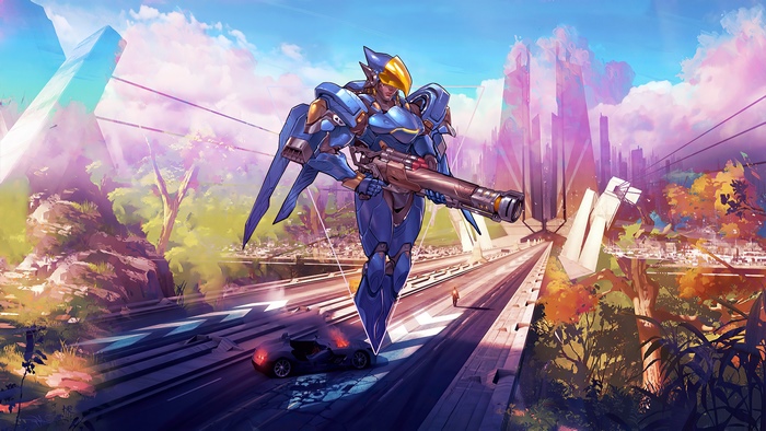 Pharah from Overwatch in a futuristic city