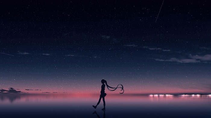Anime girl walking under starry sky
