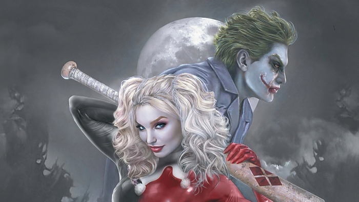 Artwork of Joker and Harley Quinn with a baseball bat