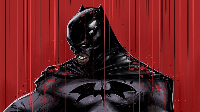Batman covered in blood with red background