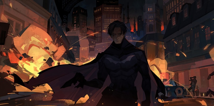 The Batman in a burning city