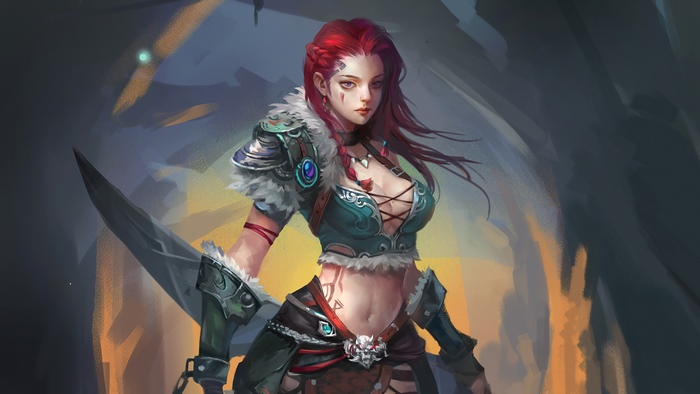 Artwork of a warrior woman with red hair