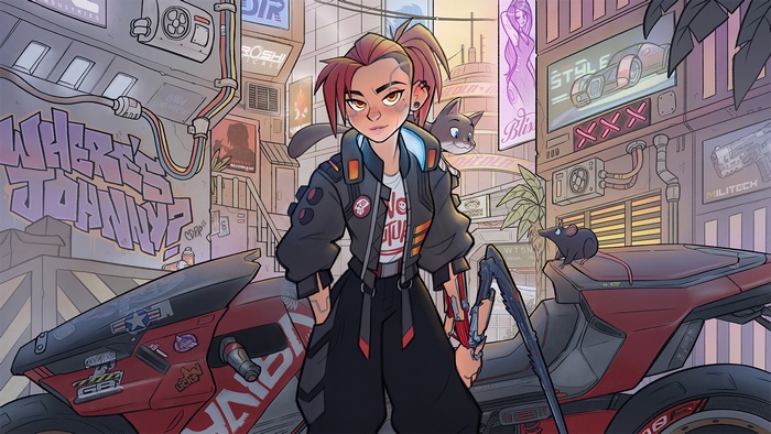 Girl with cat and rat in cyberpunk city