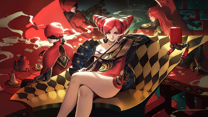 Artwork of women in red and gold outfits