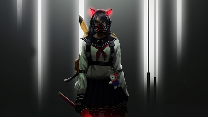 Girl with cat ears and gas mask