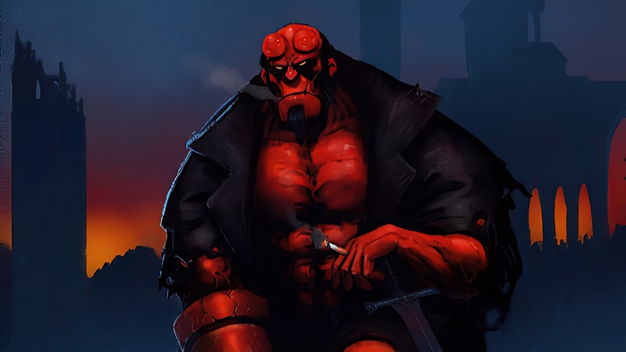 Hellboy smoking a cigarette in front of gothic buildings