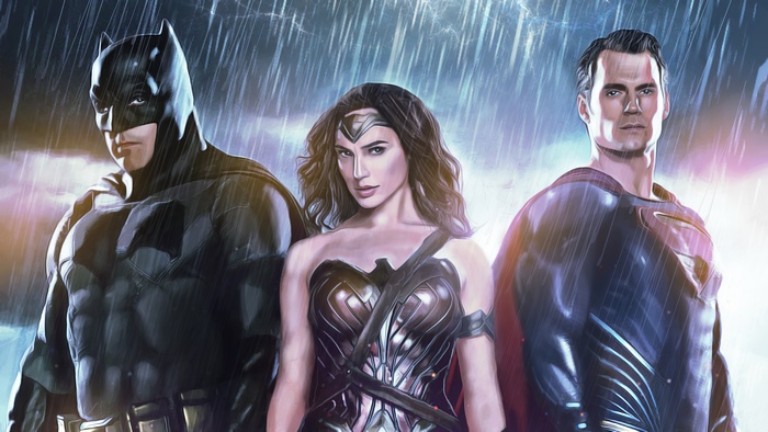 Batman, Wonder Woman, and Superman in the Rain