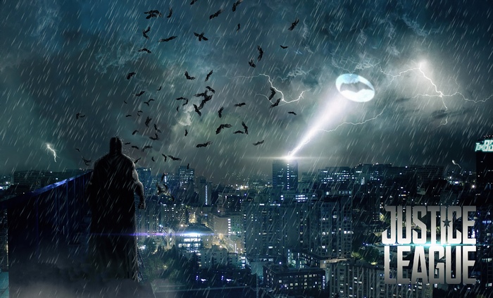 Batman from Justice League in a stormy city