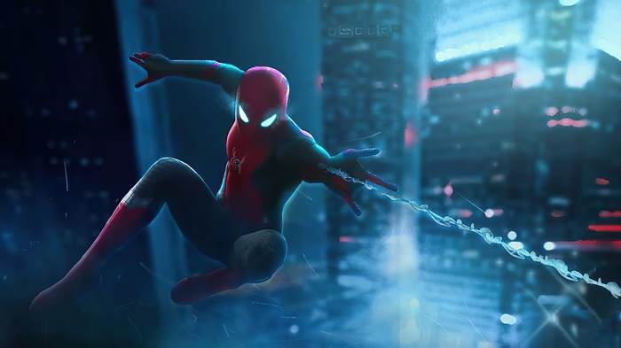 Spiderman swinging through a futuristic city at night