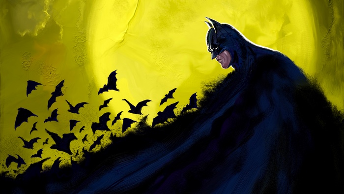 Batman with bats in front of a yellow moon