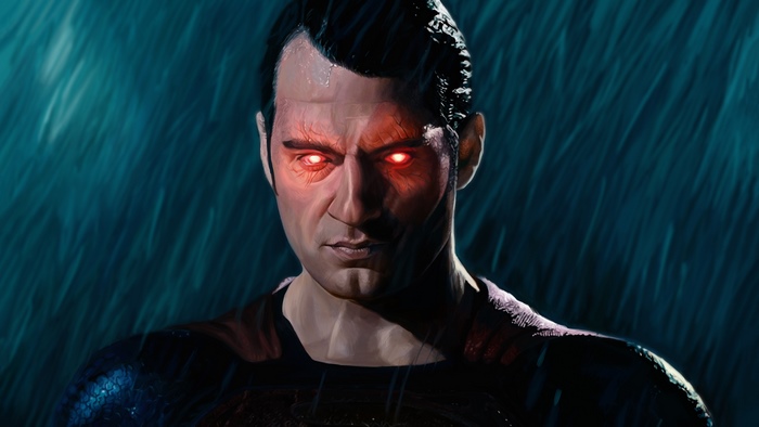 Superman with glowing red eyes in the rain