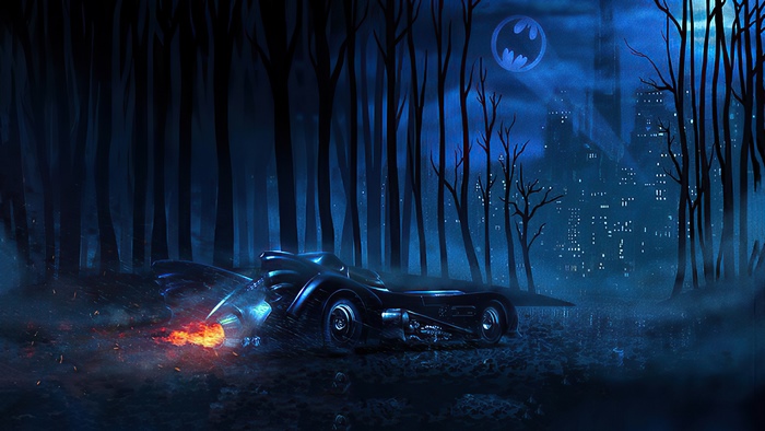 Batmobile in a dark forest with Gotham City skyline
