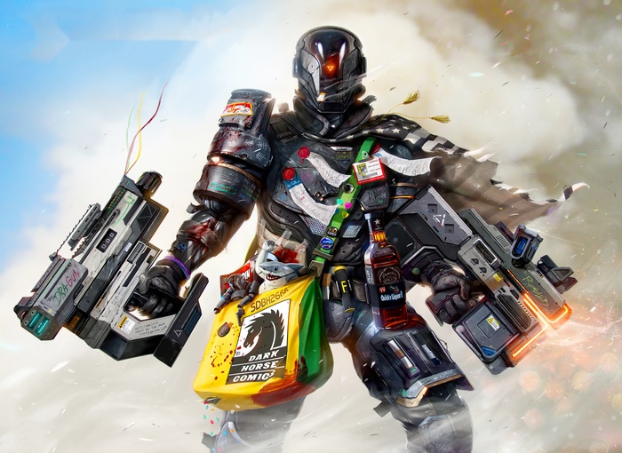 Artwork of a futuristic soldier with guns